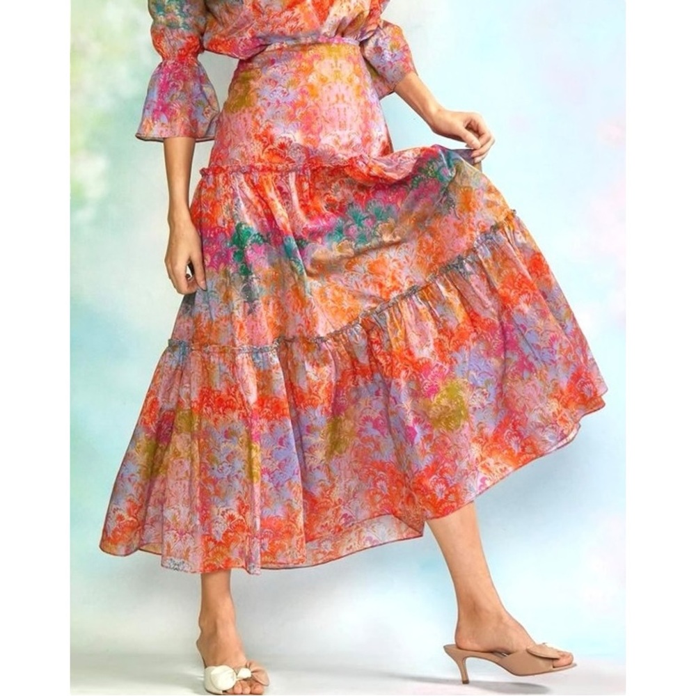 Cynthia Rowley Havana Orange Green Floral High Waisted Midi Maxi Cotton Skirt
